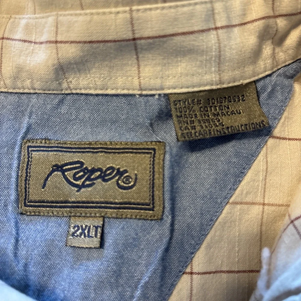 Roper Long Sleeve Button Down Shirt Mens 2XLT Tan‎ BEIGE Checkered Stripe West